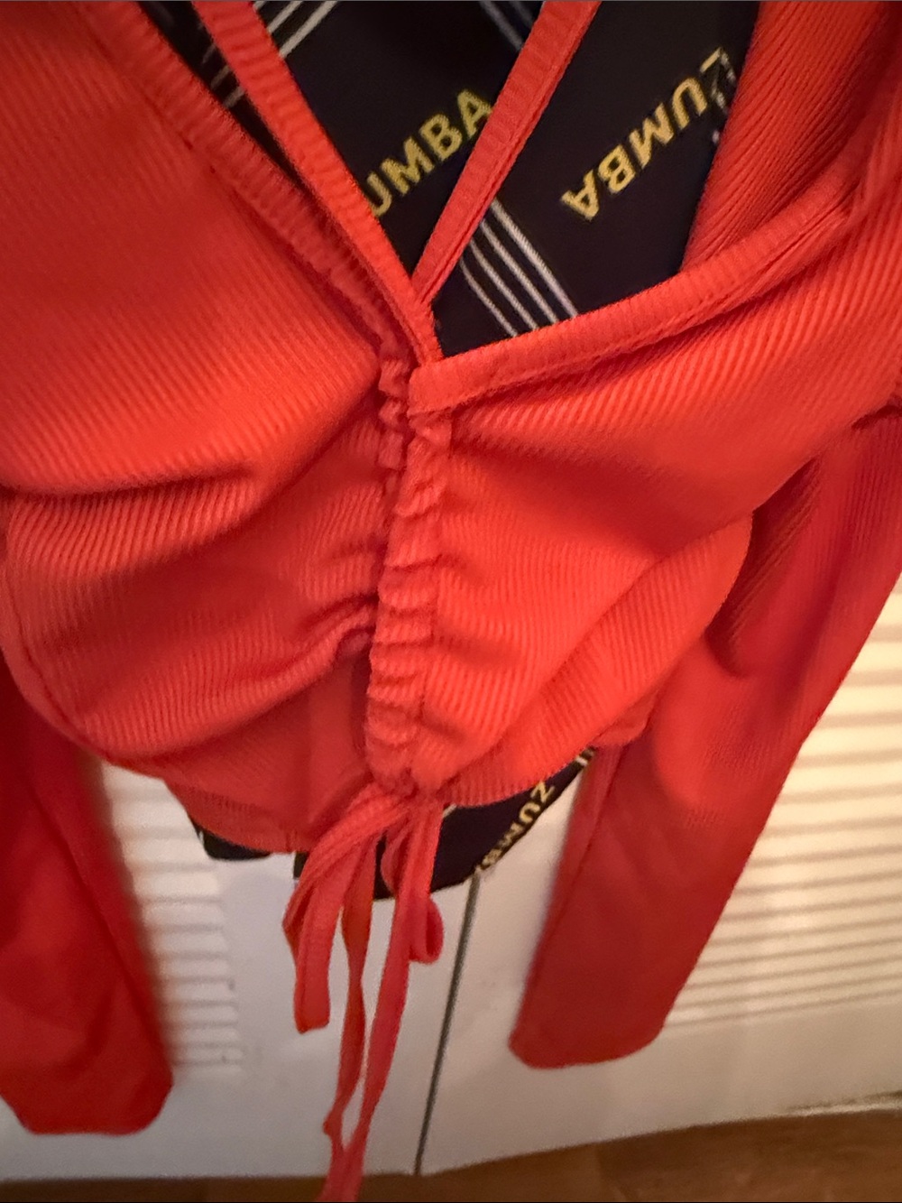 SHEIN Red Ribbed Long-Sleeve Cropped Drawstring Top - Picture 2 of 4